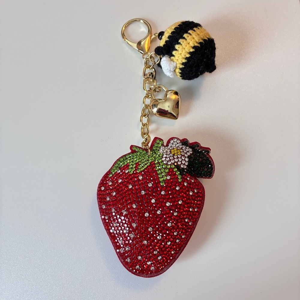 Eye Candy Los Angeles Crochet Bumble Bee Beaded Strawberry Bag Charm Keychain